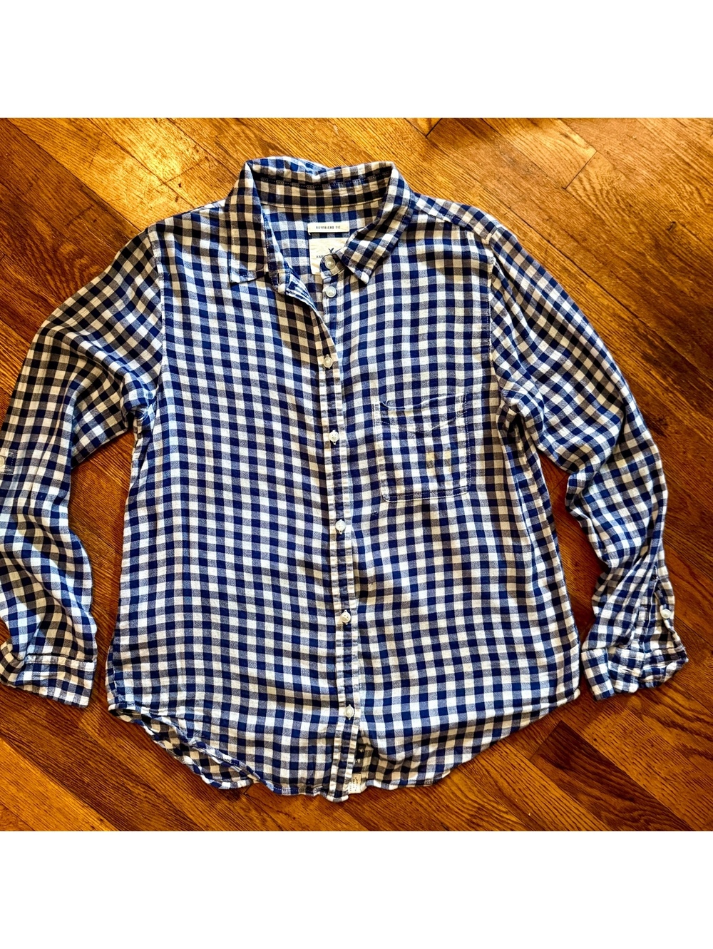 American Eagle Gingham Plaid Boyfriend Fit Button Down Shirt Blue White M